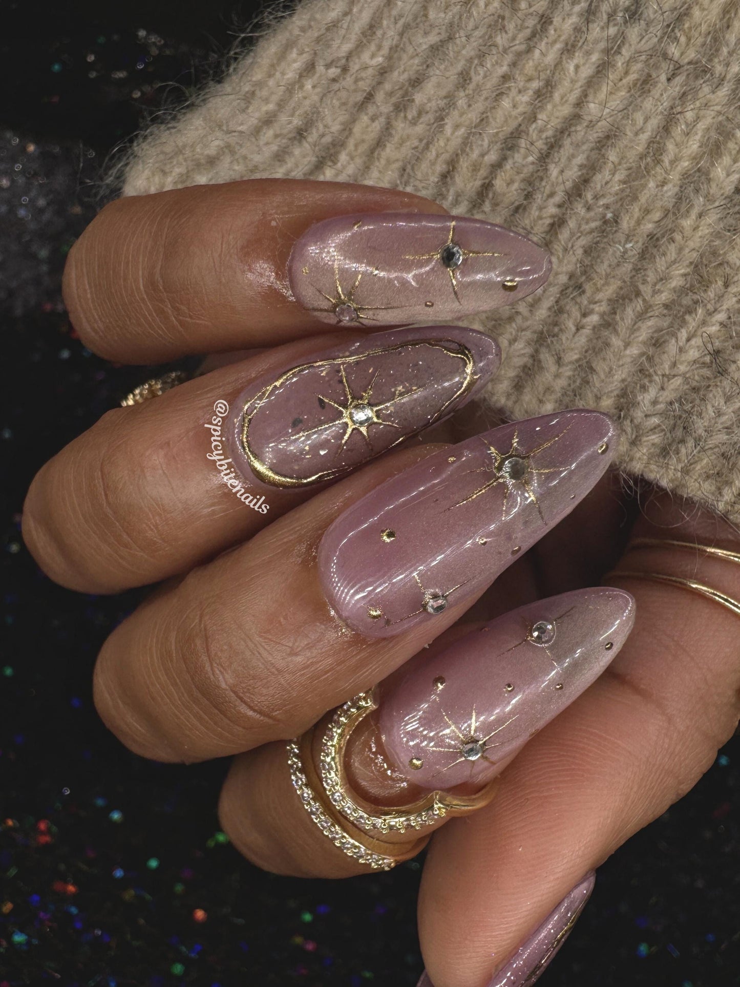 Celestial Blush - Mauve Pink Cat-Eye Gold Chrome Star Press-On Nail Extensions 10pcs