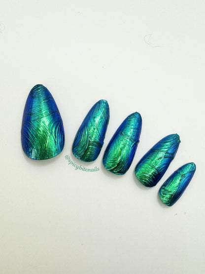 Tideglass - Textured Blue-Green Multi-shift Chrome Press-On Nail Extensions 10pcs