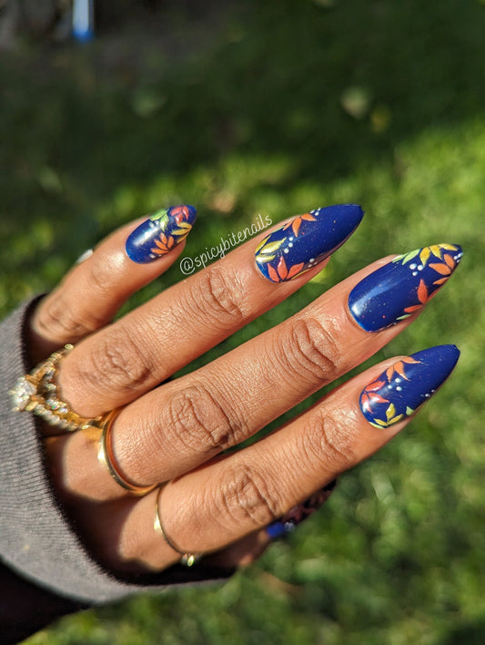Moody Blooms - Classy Navy and Chrome Flower Press-On Nail Extensions 10pcs