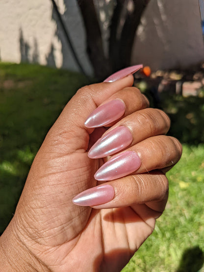 Strawberry Glazed Donut Nails - Pink Pearl Chrome False Press-On Nail Extensions 10pcs