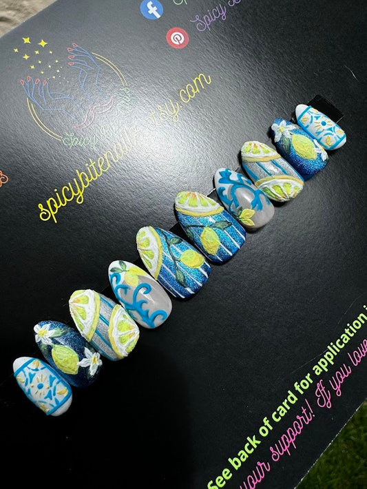 Limoncello -  Lemon Cat-Eye Striped Italian Amalfi Tile Inspired False Press-On Nail Extensions 10pcs