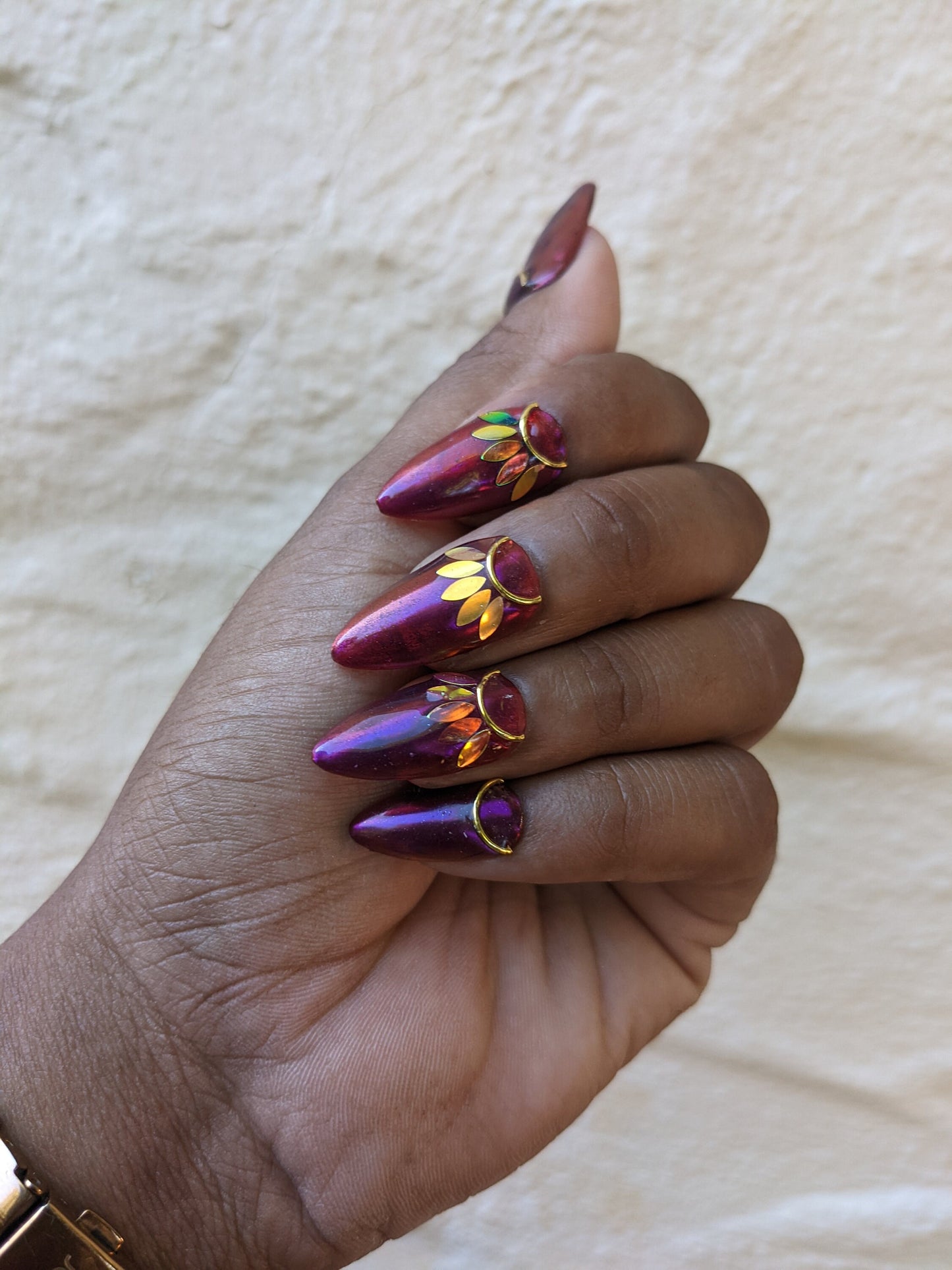 Fall Princess - Sheer Red and Gold Leaf False Press-On Nail Extensions 10pcs