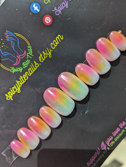 Rise and Shine - Pink and Orange Aura and Chrome Press-On Nail Extensions 10pcs
