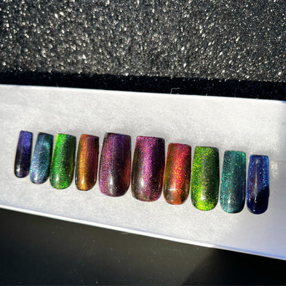 Glitter Skittles - Cat Eye Rainbow Velvet False Press-On Nail Extensions 10pcs