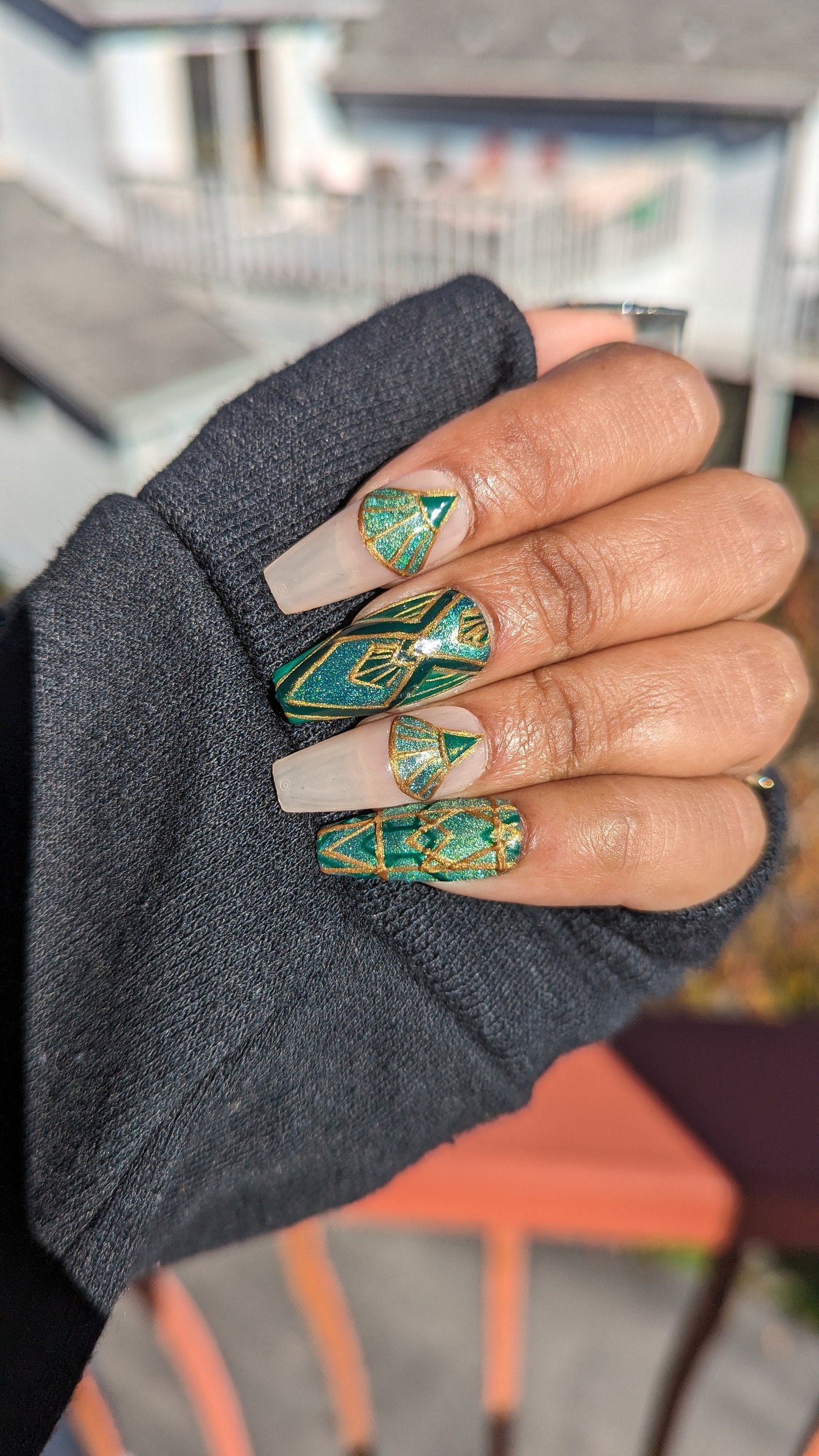 Gatsby - Green and Gold Art Deco Cat-Eye False Press-On Nail Extensions 10pcs