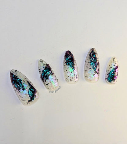 Urusla’s Toxic Sludge -  Black, White and Purple Iridescent 3D Slime False Press-On Nail Extensions 10pcs