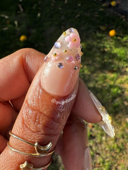 Spring Fling - Nude Flower and Rhinestone Junk Nail Press-On Nail Extensions 10pcs