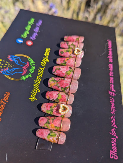 Garden Party - Pink Cat Eye Rose and Pearl Chrome Valentines Day Press-On Nail Extensions 10pcs