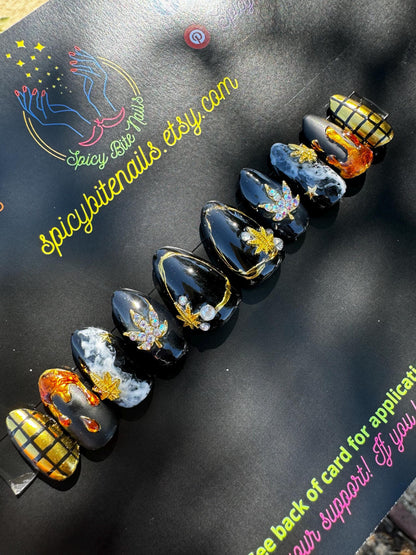 Smoke Show - Black and Gold Chrome Marijuana 420 Resin False Press-On Nail Extensions 10pcs