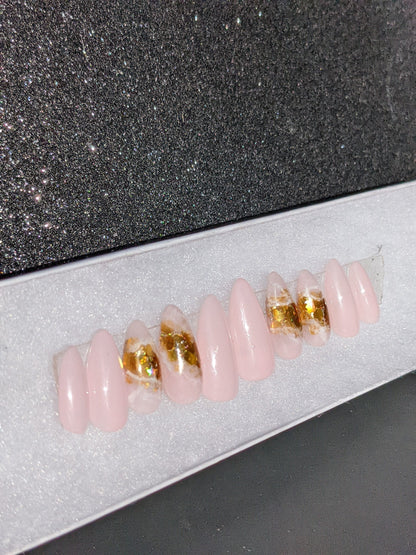 Pretty in Pink - Classy rose quartz geode False Press-On Nail Extensions 10pcs