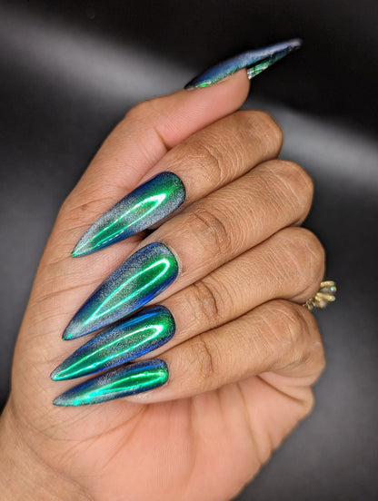Green Goblin - Blue-Green Chrome Holographic Cat-Eye Press-On Nail Extensions 10pcs
