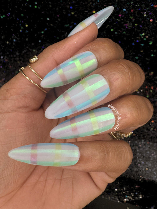 Frosted Plaid - Blue Pastel Iridescent Rainbow Plaid Press-On Nail Extensions 10pcs