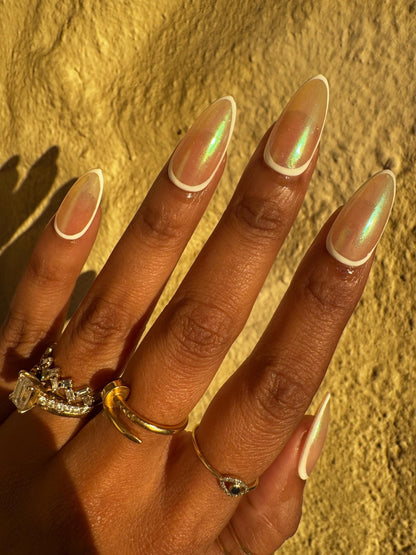 Opal Glow - White Border and Green-Blue Chrome Sheer Press-On Nail Extensions 10pcs
