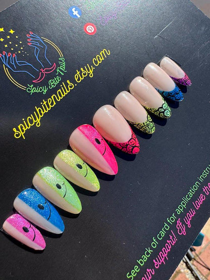 Joy Bomb - Smiley Face Rainbow Cat-Eye French Tip False Press-On Nail Extensions 10pcs