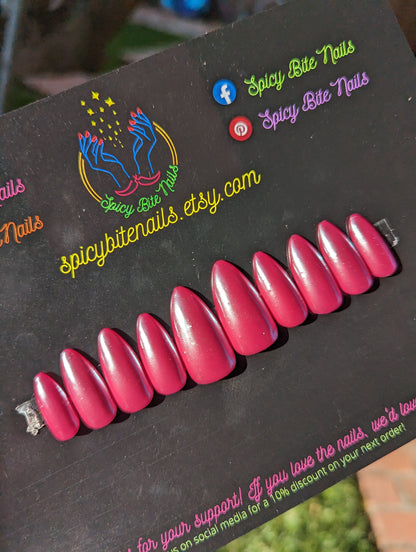 Raspberry Glazed Donut Nails - Dark Pink Pearl Chrome False Press-On Nail Extensions 10pcs