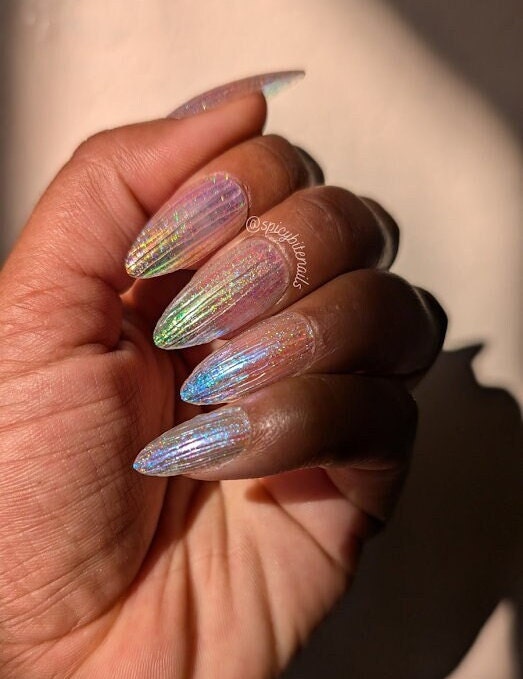 Fairy Wings -  3D Rainbow Fluted Glass Transparent Holographic False Press-On Nail Extensions 10pcs