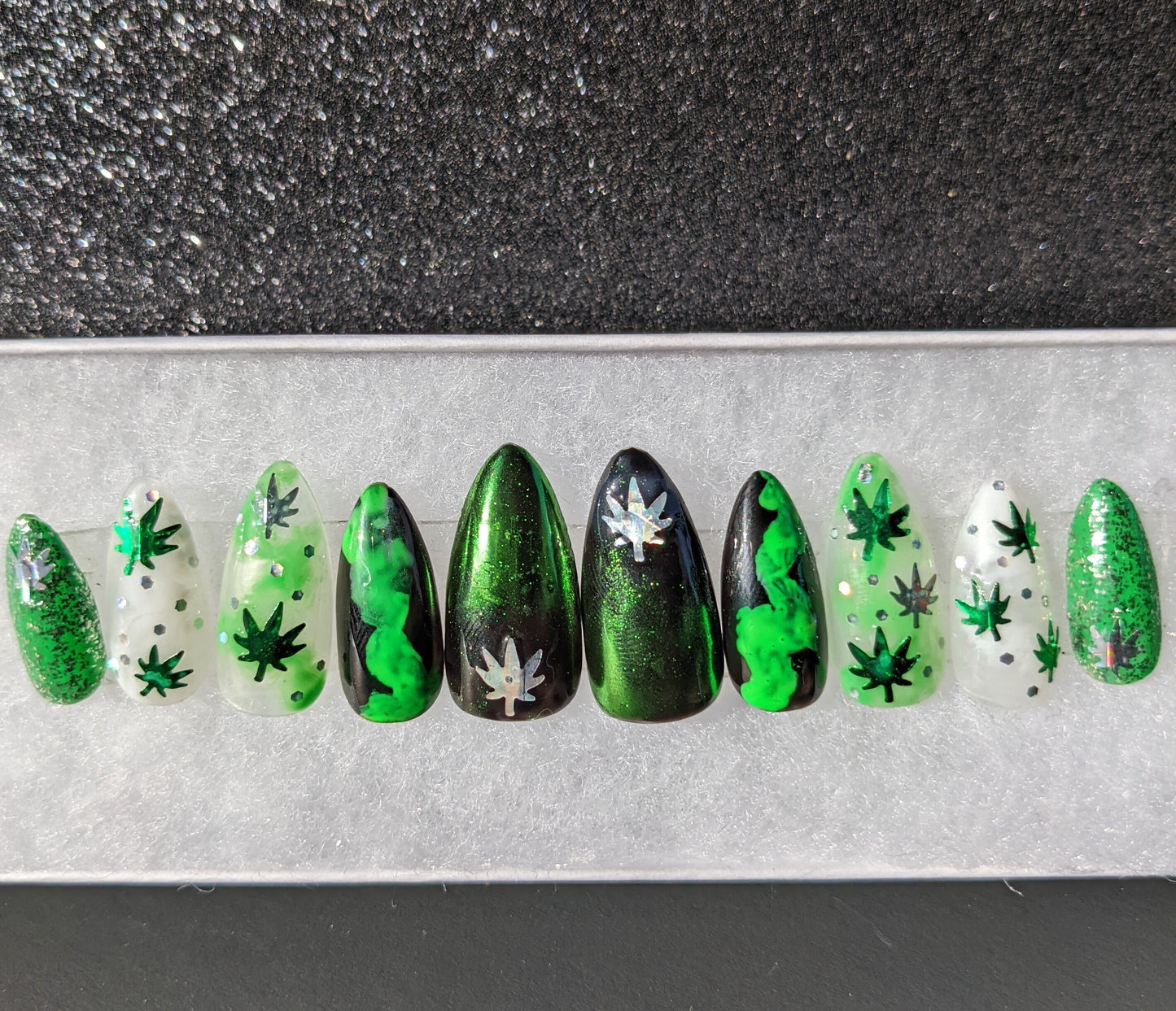 Devil’s Lettuce - Black and Green 420 Marijuana False Press-On Nail Extensions 10pcs