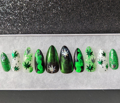 Devil’s Lettuce - Black and Green 420 Marijuana False Press-On Nail Extensions 10pcs