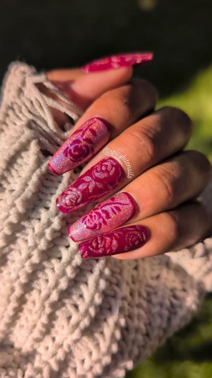 Rose of Damascus -  Burgundy and Red Holographic Rose False Press-On Nail Extensions 10pcs
