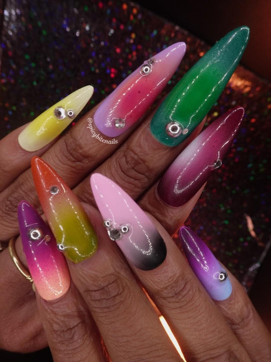 Aura Drip – Airbrushed Rainbow Gradient Skittle Nails with Rhinestones Press-On Nail Extensions 10pcs