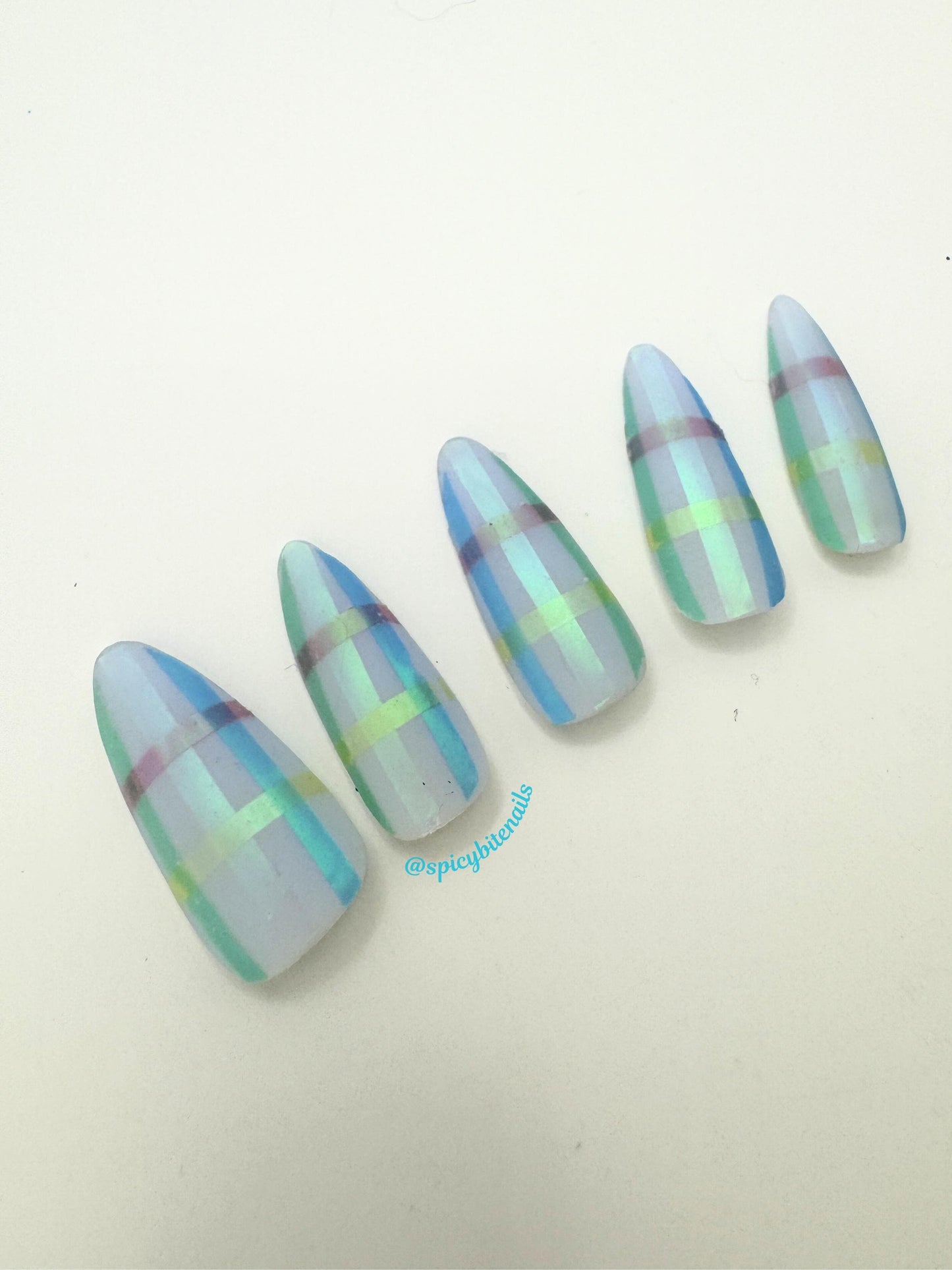 Frosted Plaid - Blue Pastel Iridescent Rainbow Plaid Press-On Nail Extensions 10pcs