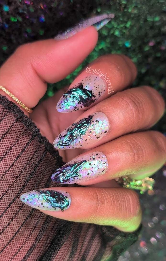 Urusla’s Toxic Sludge -  Black, White and Purple Iridescent 3D Slime False Press-On Nail Extensions 10pcs