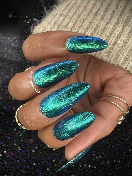 Tideglass - Textured Blue-Green Multi-shift Chrome Press-On Nail Extensions 10pcs