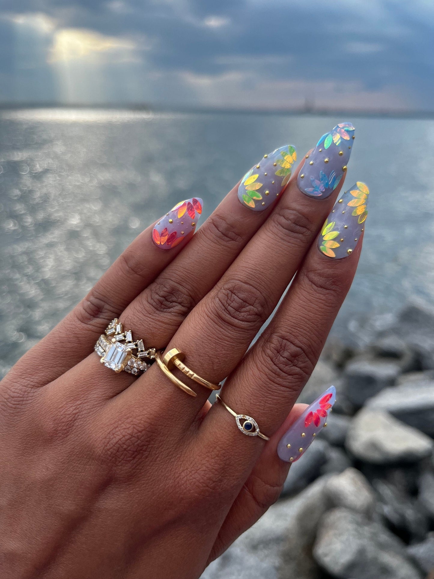 Flower Power - Color Changing Blue Flower Sequin False Press-On Nail Extensions 10pcs