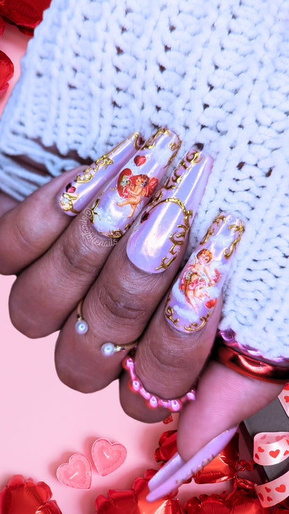Cupid's Arrow - Pink Aurora Chrome Baroque Cupid Valentine's Day False Press-On Nail Extensions 10pcs
