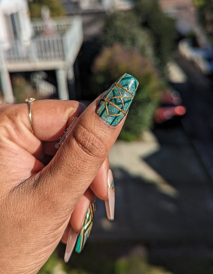 Gatsby - Green and Gold Art Deco Cat-Eye False Press-On Nail Extensions 10pcs