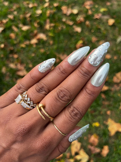 Pistachio Glazed Donut Nails - Sage Green and Rhinestone Pearl Chrome False Press-On Nail Extensions 10pcs