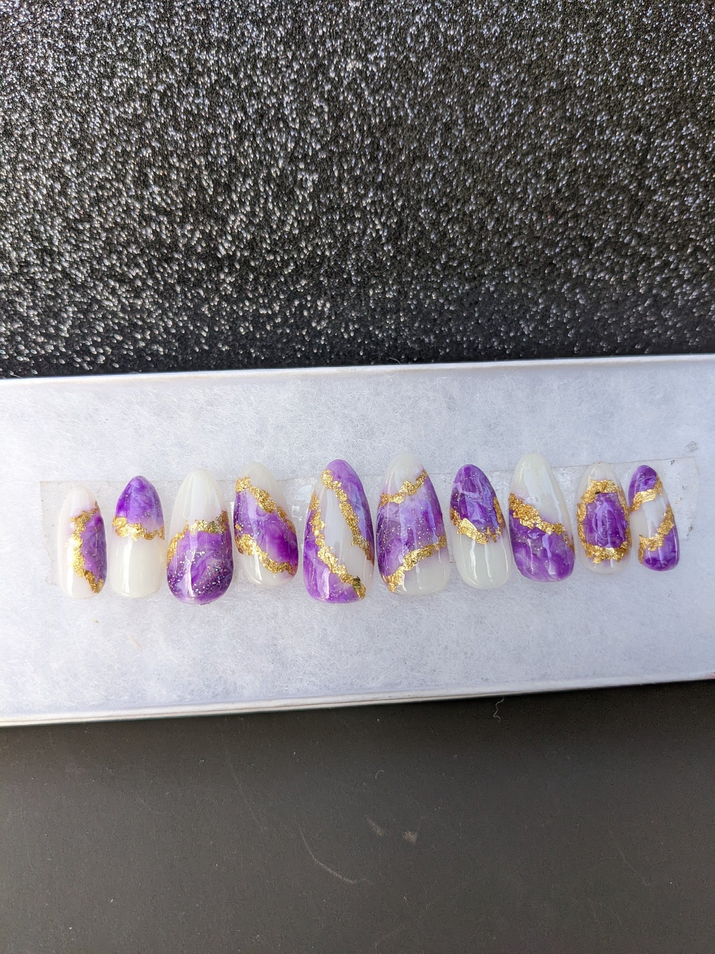 Purple Crystal Palace - purple and gold marble geode False Press-On Nail Extensions 10pcs