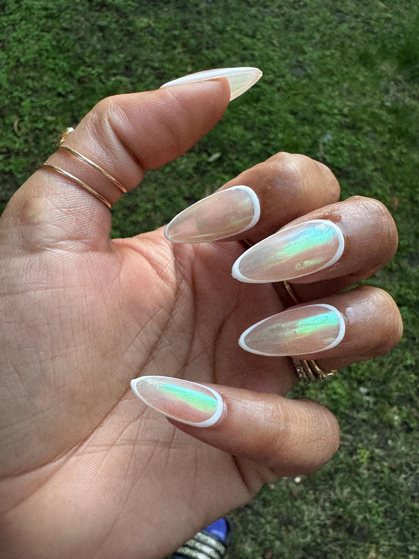 Opal Glow - White Border and Green-Blue Chrome Sheer Press-On Nail Extensions 10pcs