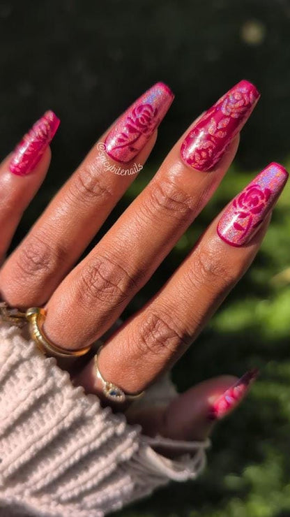 Rose of Damascus -  Burgundy and Red Holographic Rose False Press-On Nail Extensions 10pcs