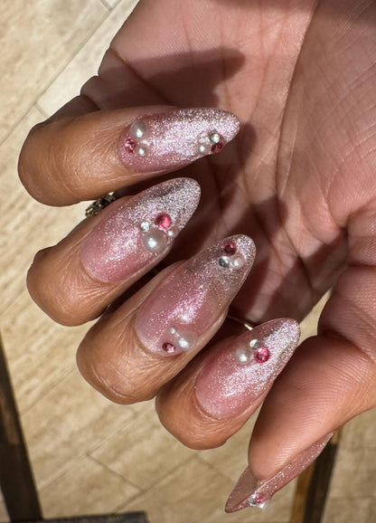 Pink Frosting - Pink Glittery Cat-Eye Polish, Pearl and Pink Rhinestone Lined False Press-On Nail Extensions 10pcs