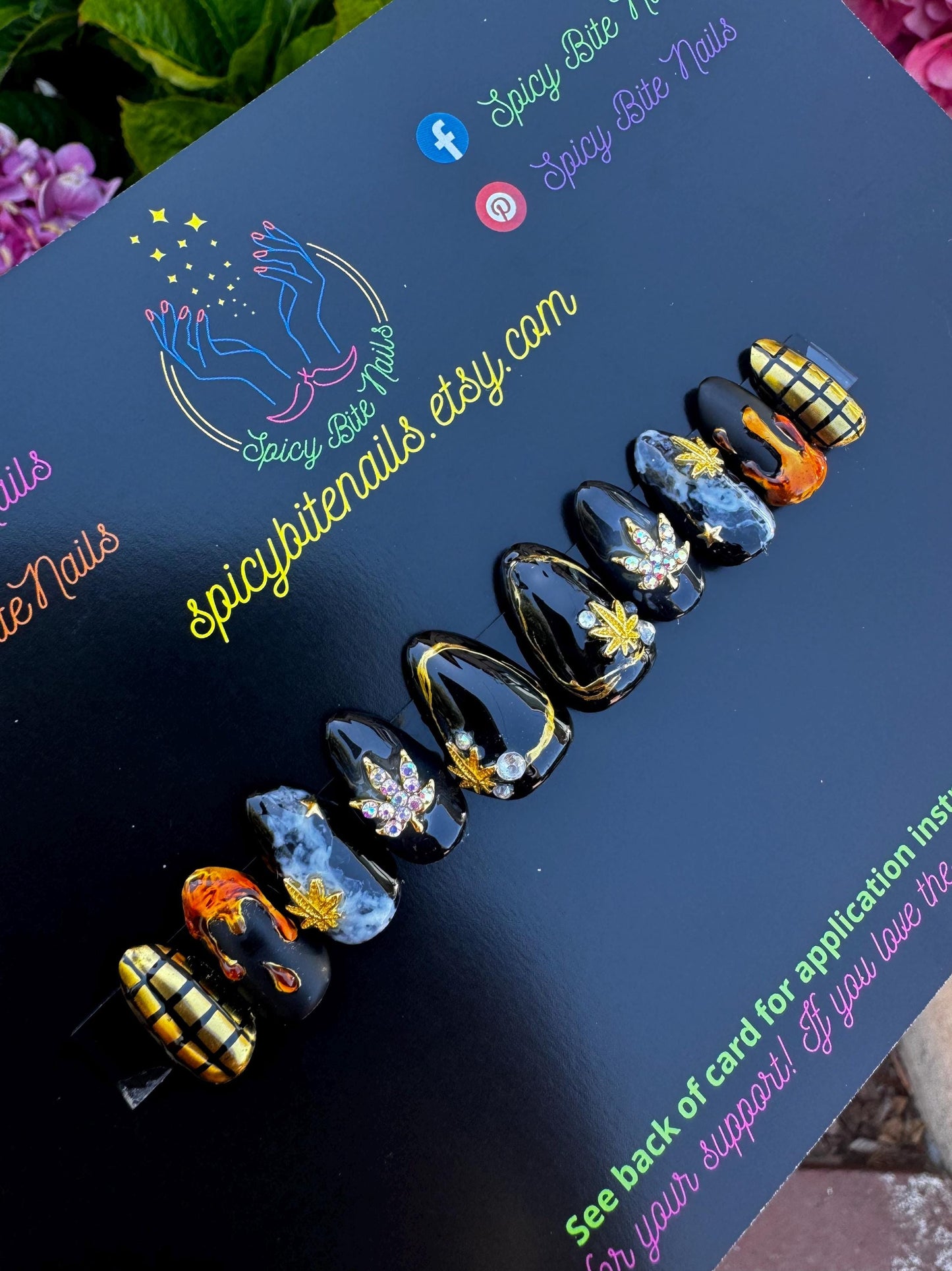 Smoke Show - Black and Gold Chrome Marijuana 420 Resin False Press-On Nail Extensions 10pcs