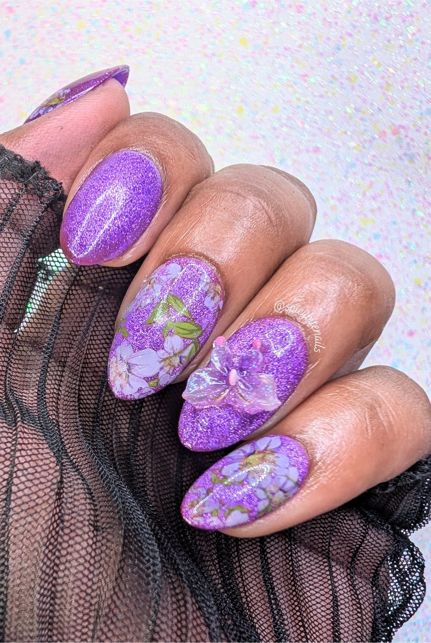 Fields of Amethyst - Purple Cat-Eye, Butterfly and White Flower False Press-On Nail Extensions 10pcs
