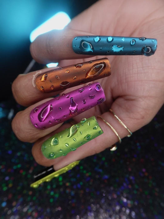 Drenched in Color - Multicolor Chrome with 3D Water Droplet Press-On Nails 10pcs