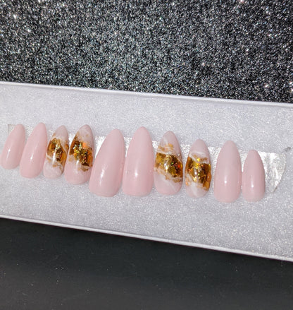 Pretty in Pink - Classy rose quartz geode False Press-On Nail Extensions 10pcs