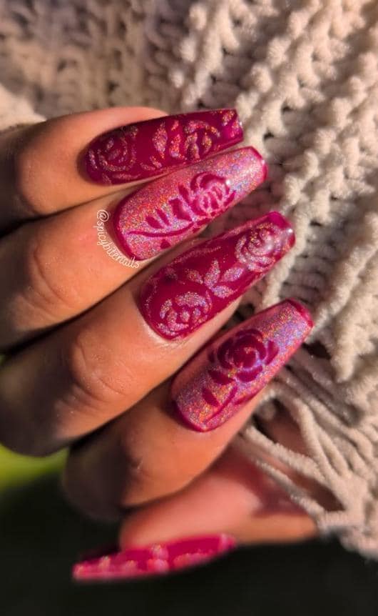 Rose of Damascus -  Burgundy and Red Holographic Rose False Press-On Nail Extensions 10pcs
