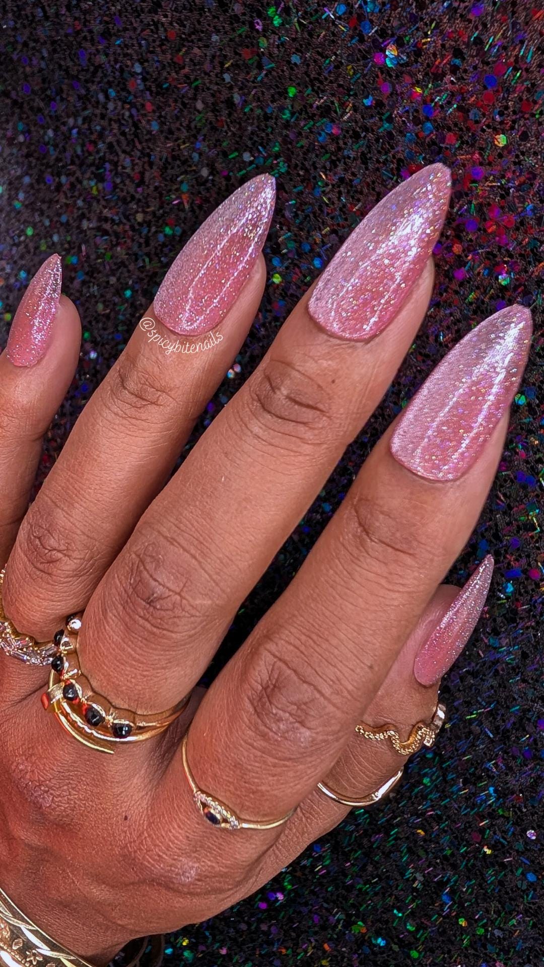 Pink Champagne - Pink Magnetic Cat Eye and Reflective Glitter False Press-On Nail Extensions 10pcs