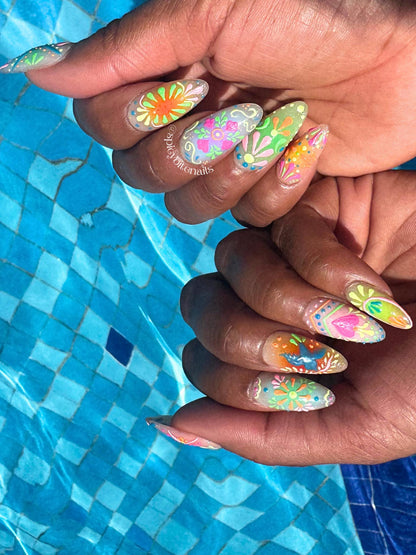 Flor y Fiesta - Mexican Folk Art Inspired Airbrush Rainbow Press-On Nail Extensions 10pcs