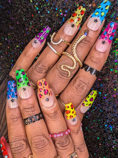 Wild Thing -  Neon Leopard Print Half Moon French Tip False Press-On Nail Extensions 10pcs