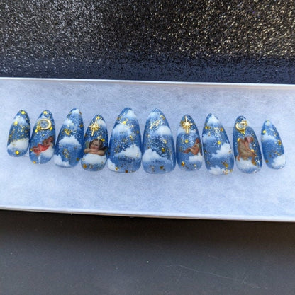 Heaven Sent - Color Changing Blue to White Angel Cupid False Press-On Nail Extensions 10pcs