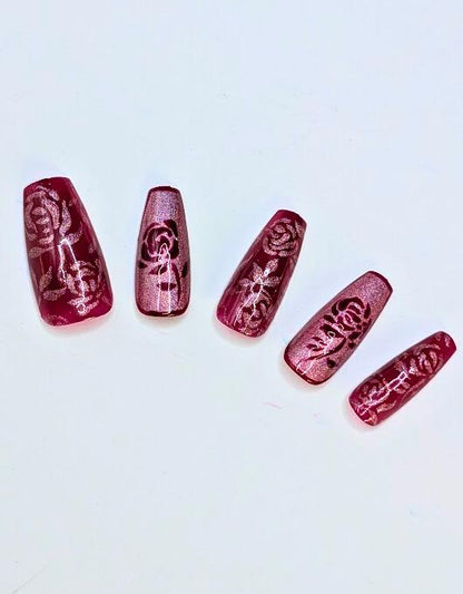 Rose of Damascus -  Burgundy and Red Holographic Rose False Press-On Nail Extensions 10pcs