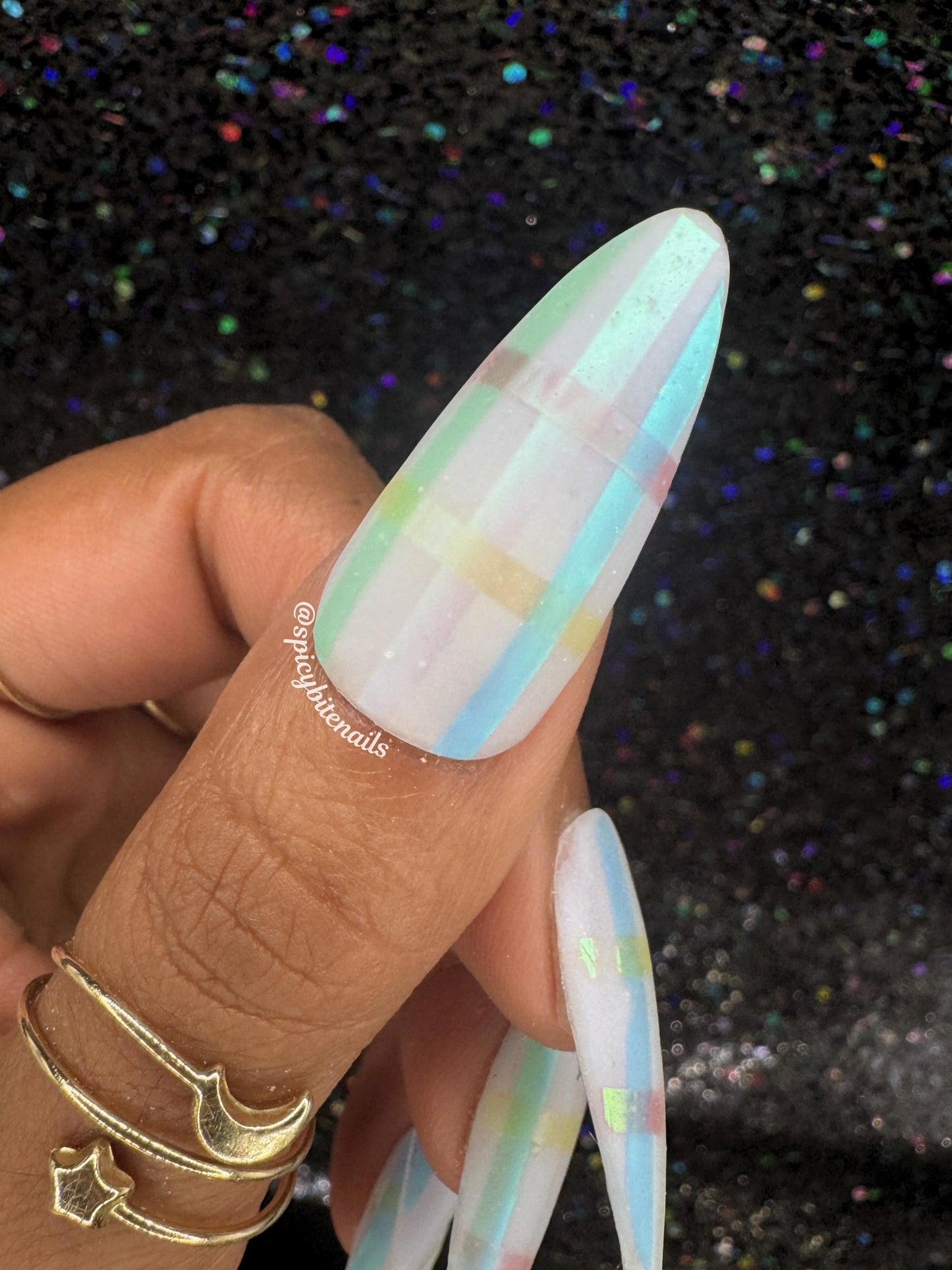 Frosted Plaid - Blue Pastel Iridescent Rainbow Plaid Press-On Nail Extensions 10pcs