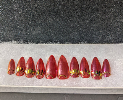 Fall Princess - Sheer Red and Gold Leaf False Press-On Nail Extensions 10pcs