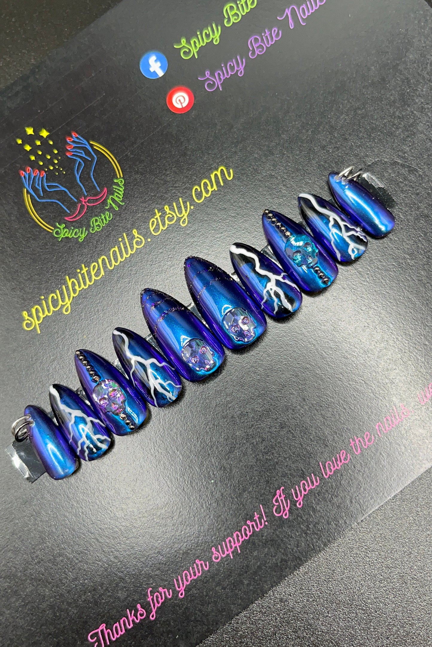 Goddess of Thunder - Color Changing Skull Lightning Black, white and blue color changing False Press-On Nail Extensions 10pcs