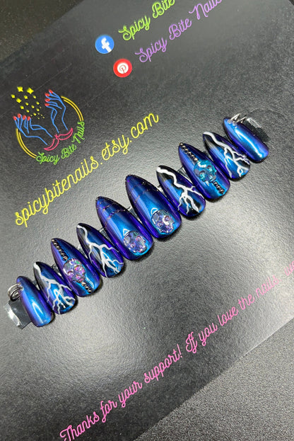 Goddess of Thunder - Color Changing Skull Lightning Black, white and blue color changing False Press-On Nail Extensions 10pcs