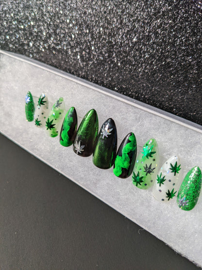 Devil’s Lettuce - Black and Green 420 Marijuana False Press-On Nail Extensions 10pcs
